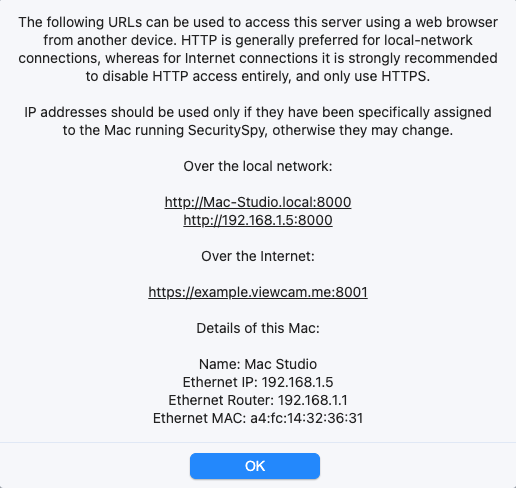 SecuritySpy Access Info panel showing local and Internet URLs and Mac network details