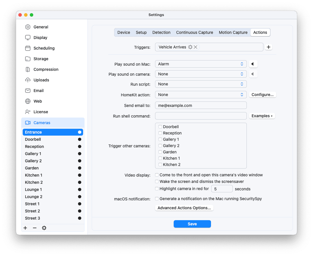 SecuritySpy Settings - Cameras - Actions