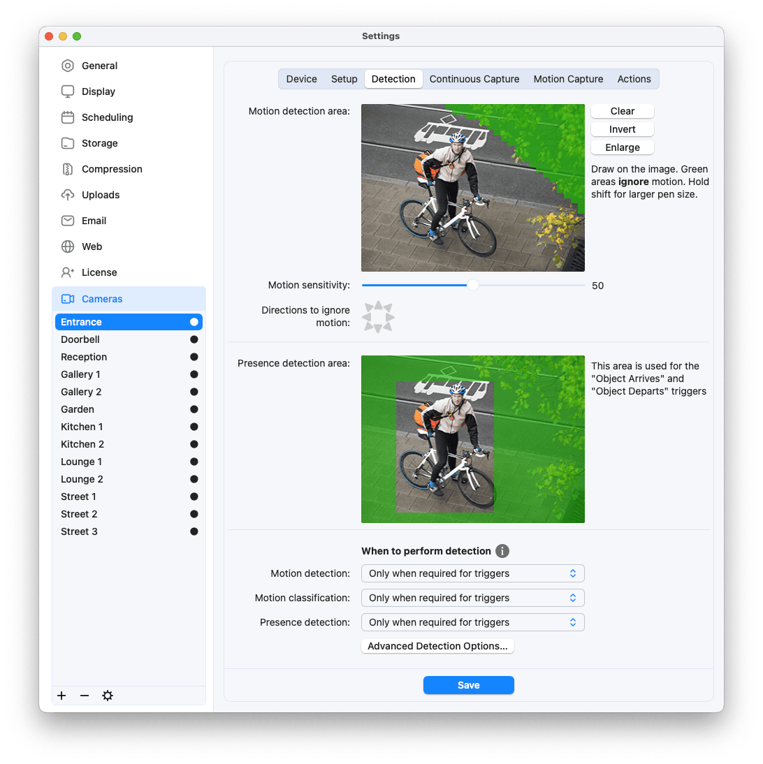 SecuritySpy Settings - Cameras - Detection