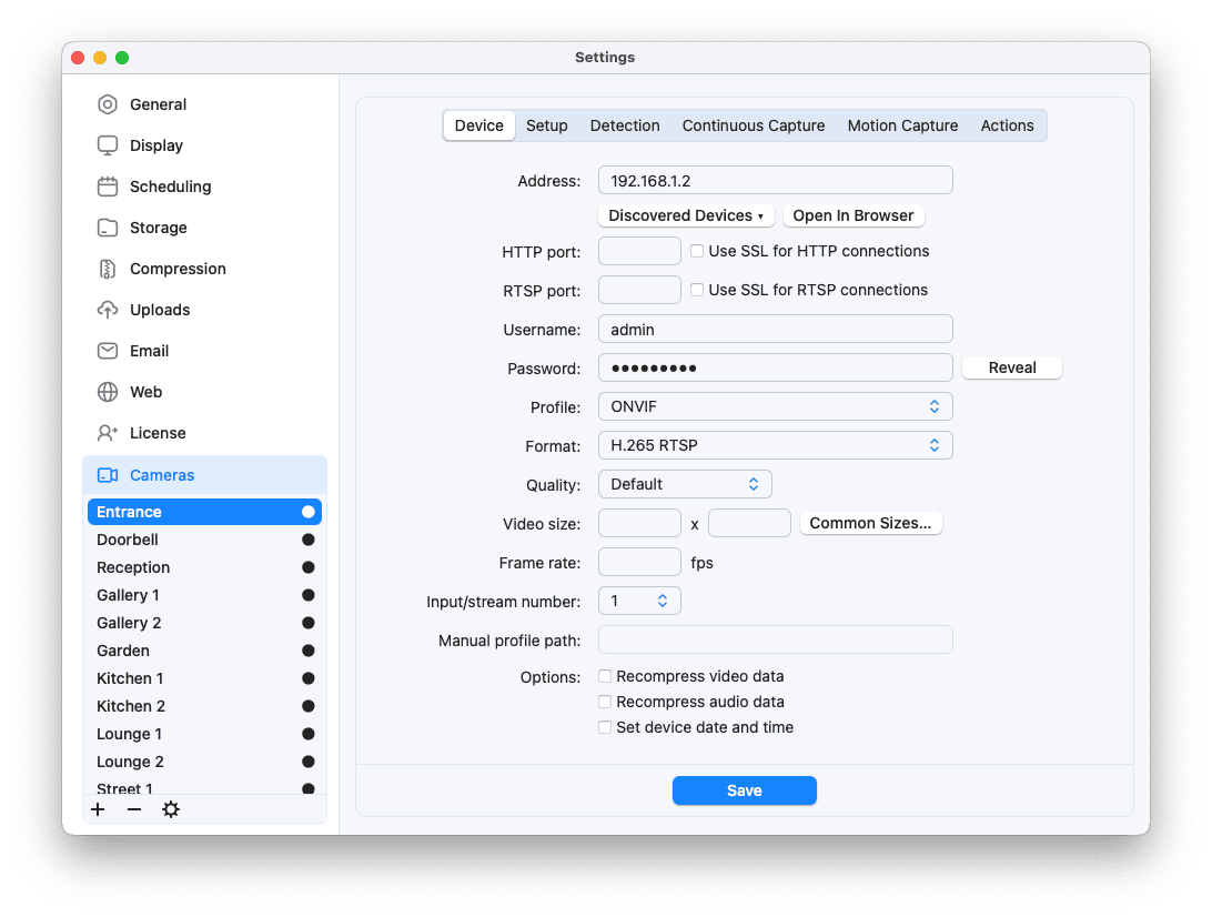 SecuritySpy Settings - Cameras - Device