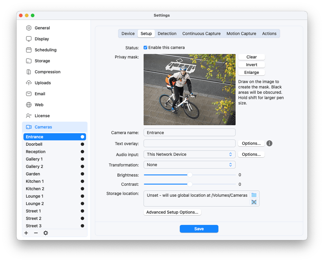 SecuritySpy Settings - Cameras - Setup