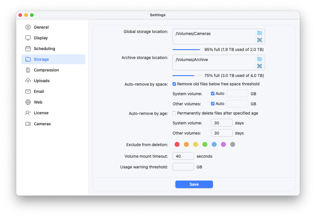 SecuritySpy Settings - Storage