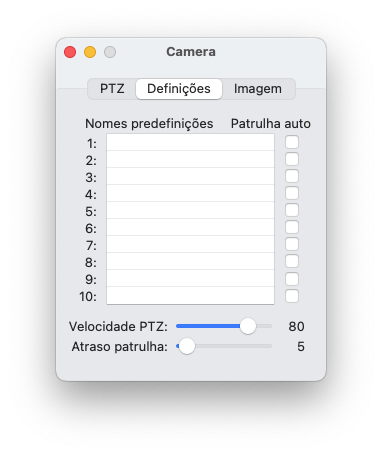 Controle de Câmera - Configurações de PTZ
