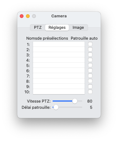 Contrôle de caméra - Réglages PTZ