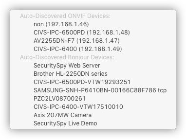 O menu Dispositivos Descobertos, com a lista de dispositivos ONVIF e Bonjour